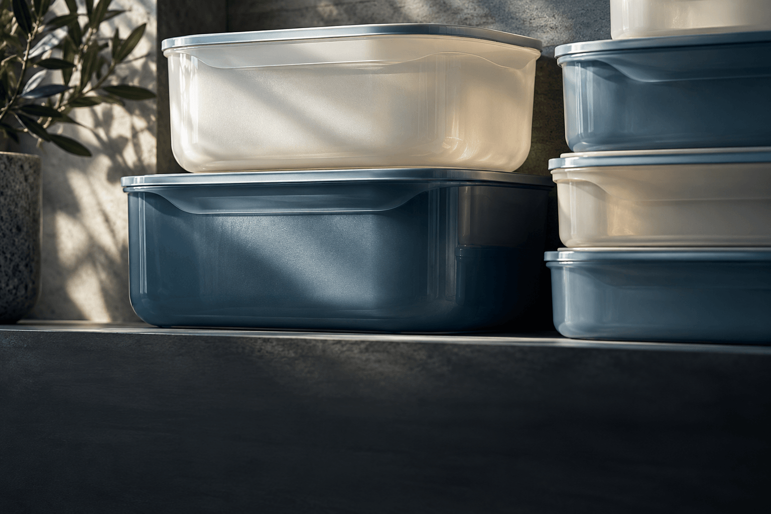 Illustrative reusable polymer containers in a contemporary interior