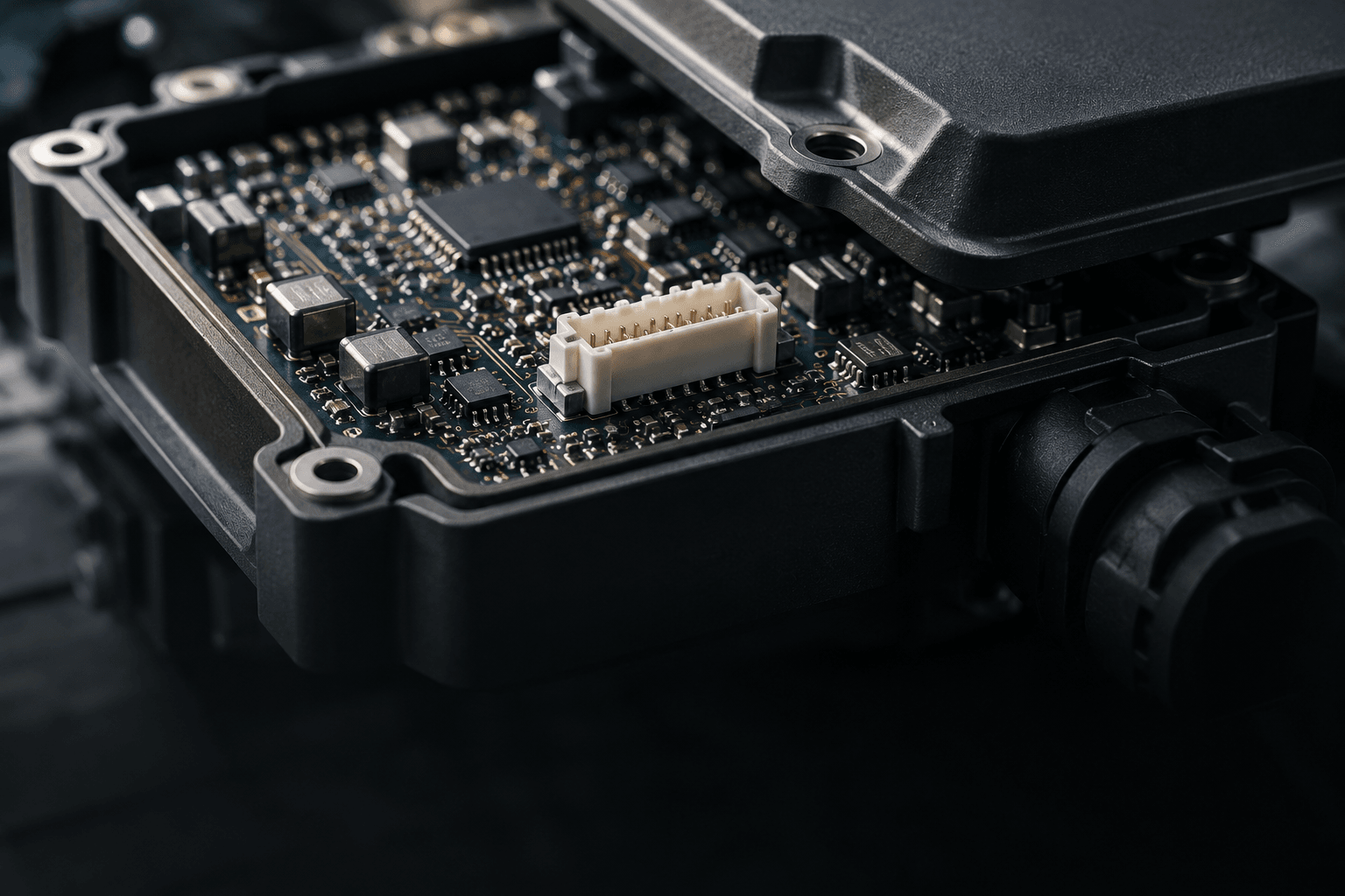 Illustrative close-up of a circuit board within a molded electronics enclosure