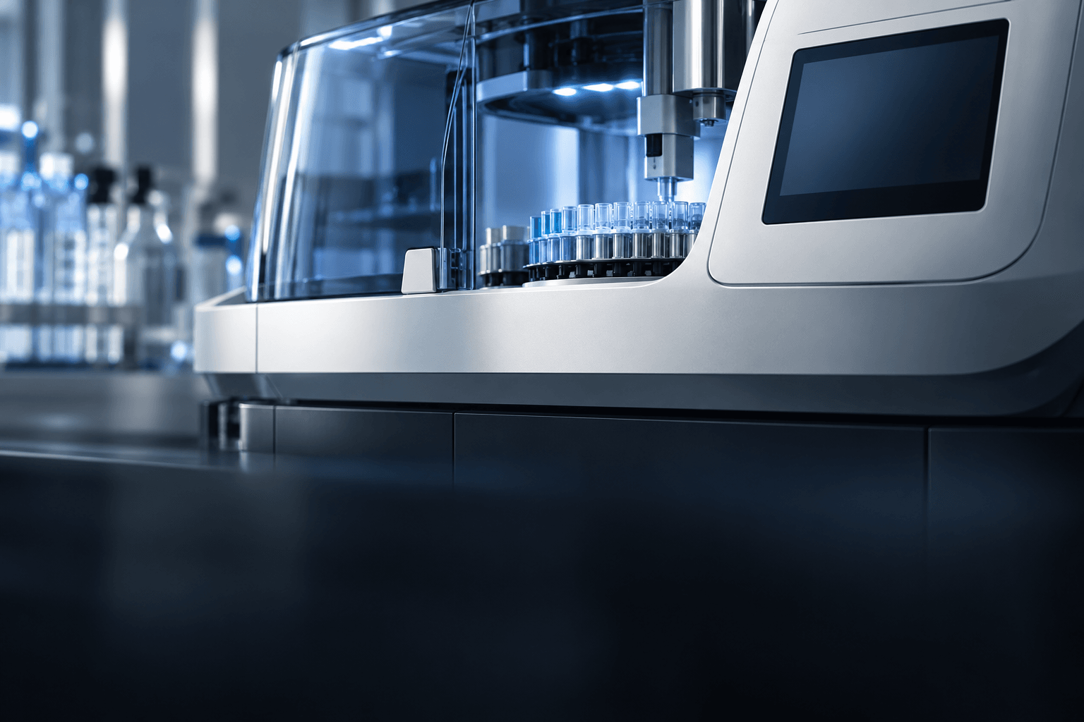 Illustrative diagnostic equipment with a molded housing in a laboratory