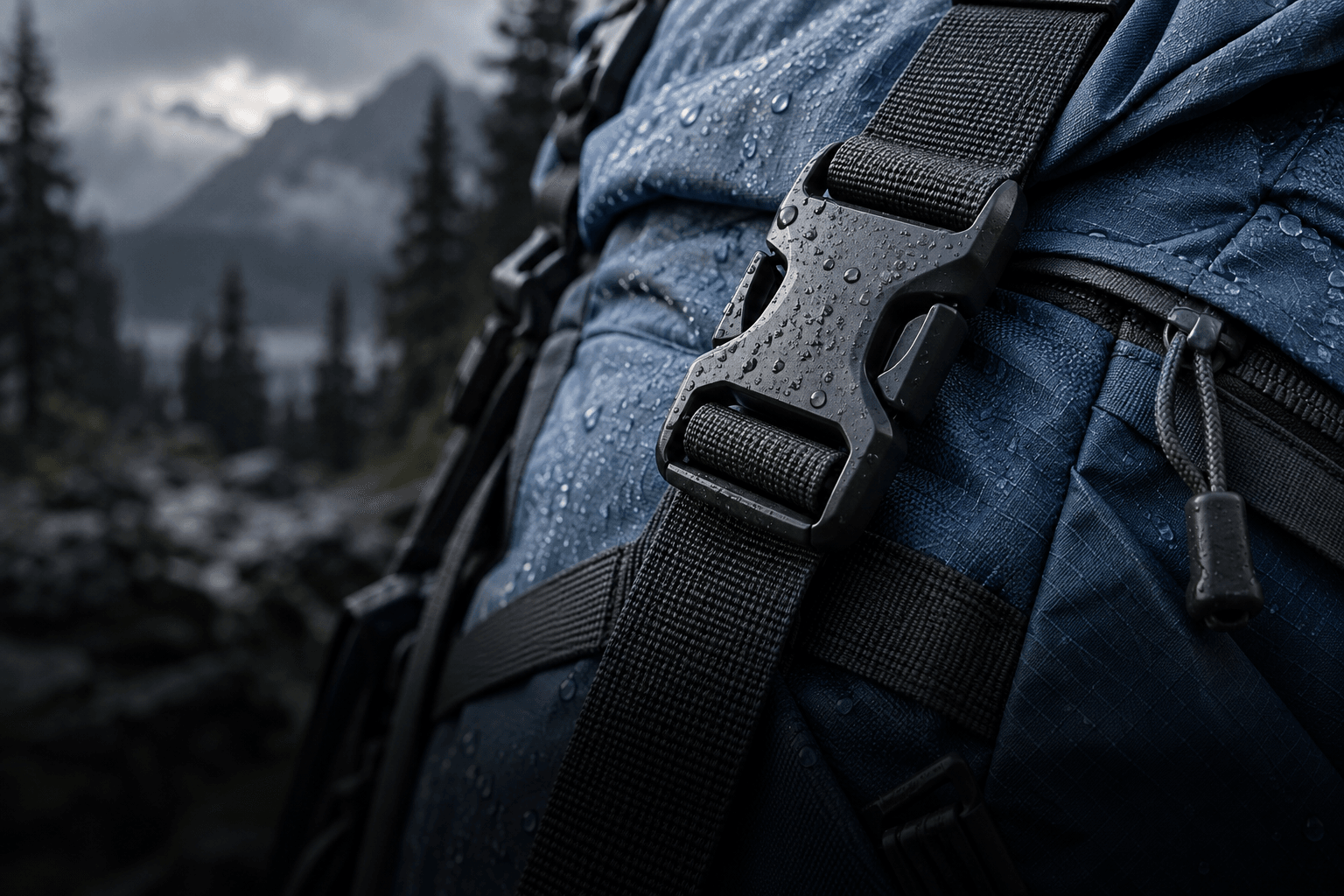 Illustrative close-up of an outdoor backpack buckle and technical fabric