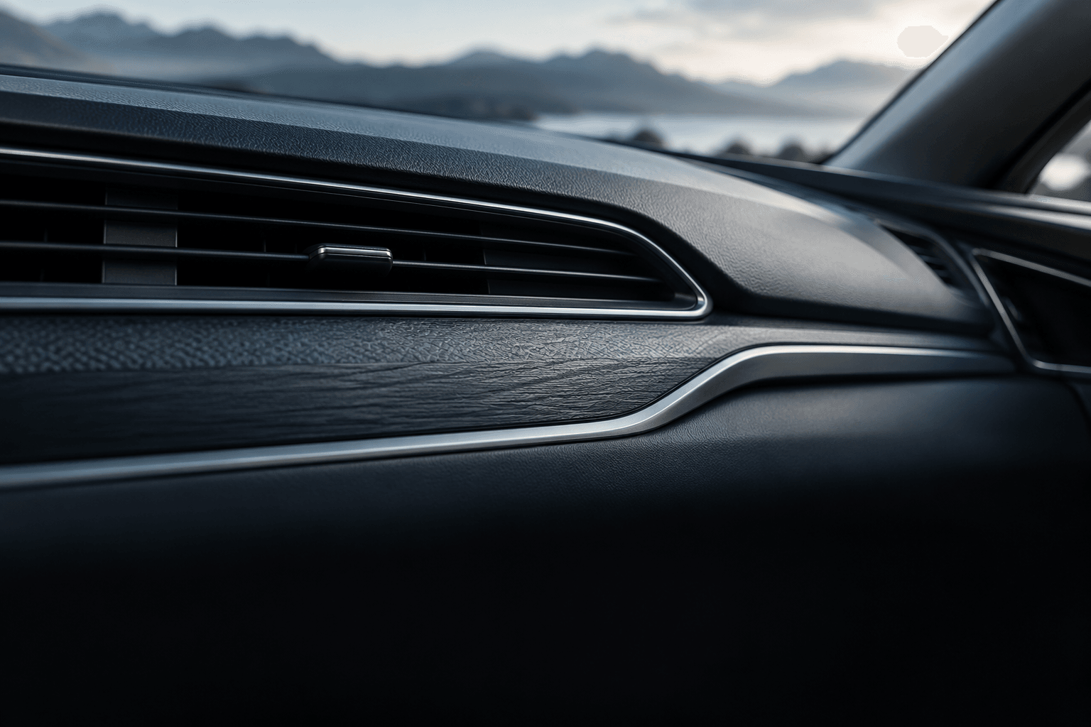 Illustrative close-up of automotive dashboard vents and molded interior trim